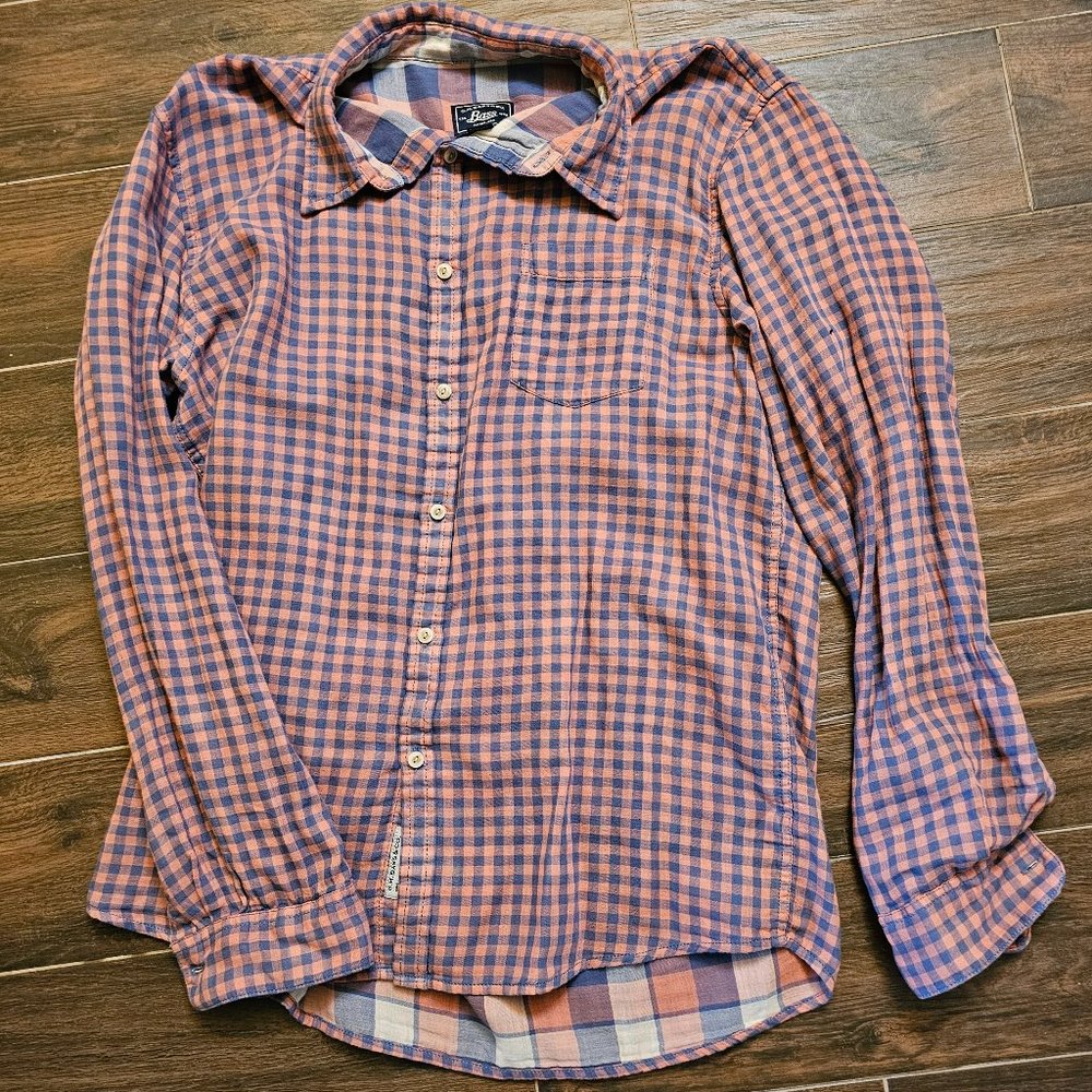 GH Bass & Men's 100% Cotton Salmon/Blue Plaid‎ Flannel Long Sleeve Shirt Size L